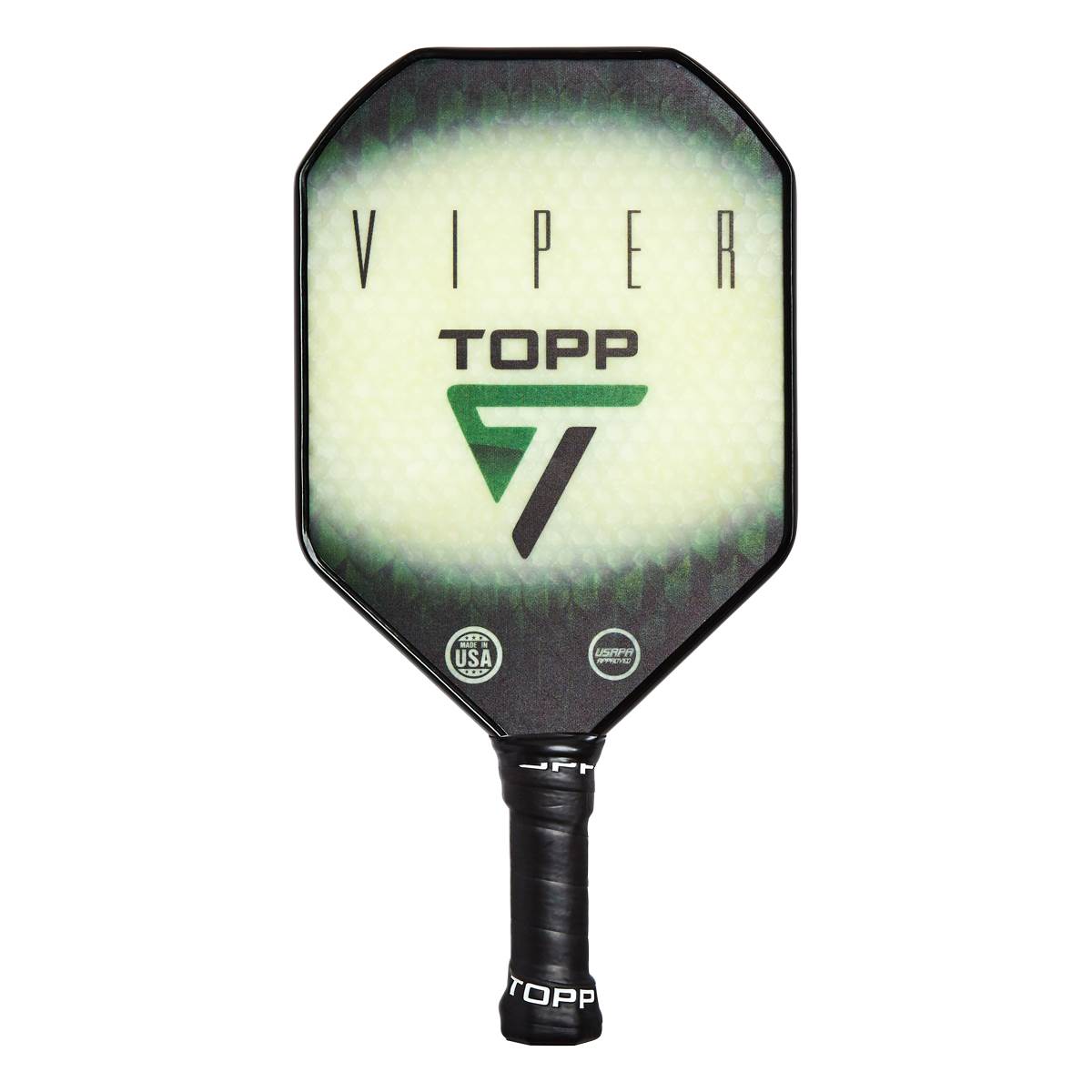 Front view of a white and black pickleball paddle with VIPER and TOPP text, a green triangle logo, and USA and USAPlay seals.