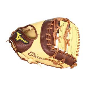 Top-down view of a tan and brown baseball glove with Classic script and yellow Mizuno logo.