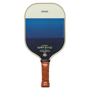 Front view of a white and blue pickleball paddle with WARSTIC logo and brown grip.