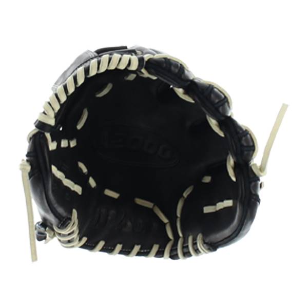 Top-down view of a black baseball glove with white lacing and A2000 embossed on the palm.