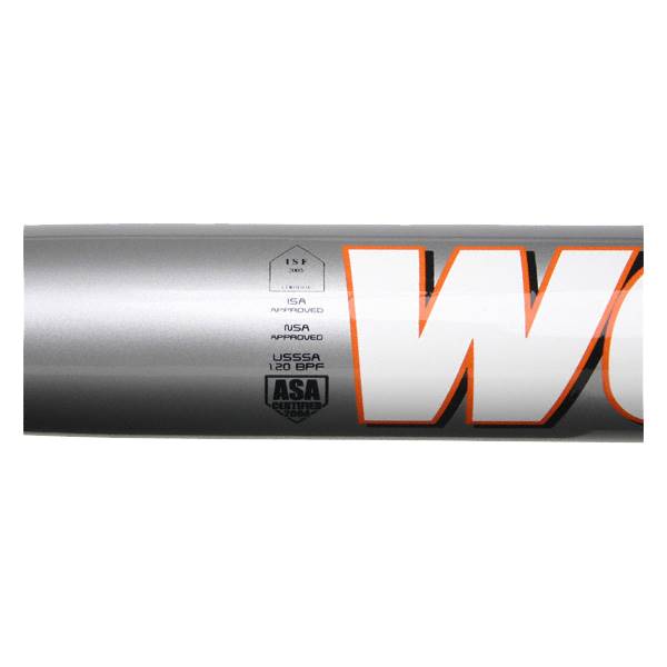 Close-up of a silver softball bat with white W logo and ASA, ISA, and USSSA certifications.