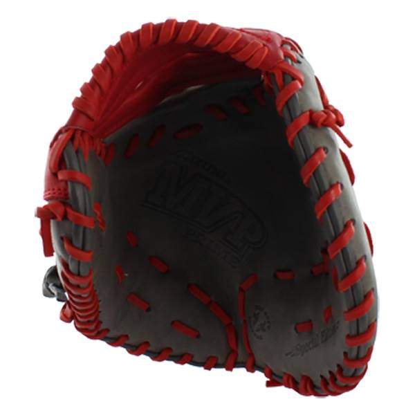 Top-down view of a smoke and red first base mitt with MVP PRIME logo and red stitching.