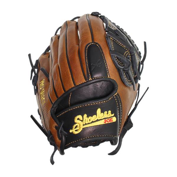 Front view of a brown and black baseball glove with Shoeless Joe branding and PRO SELECT text.