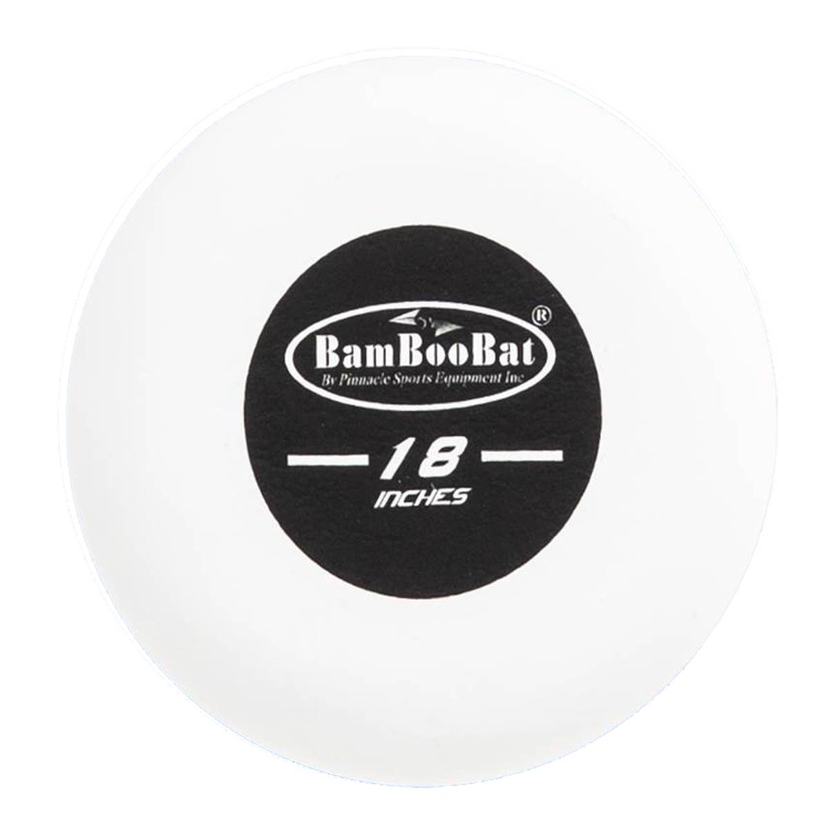 Close-up of a white training bat end with a black circular logo that says BamBooBat and 18 INCHES.
