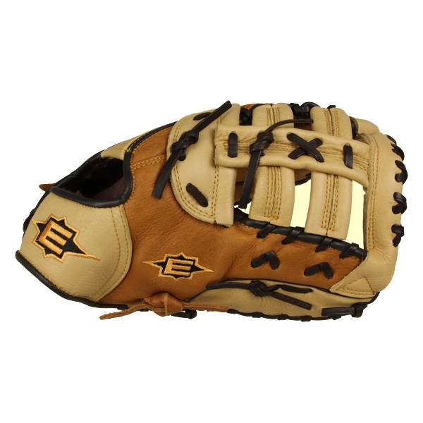 Side view of a tan and brown baseball glove with E logos and tan lacing.