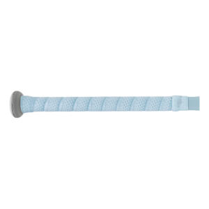 Close-up of the handle featuring a light blue Flow-Tack grip with repeating Easton logos and a gray knob with "POWER" text.