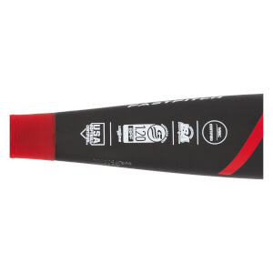 Side view of a black fastpitch softball bat with red end cap, USA Softball Certified logo, and 1.20 BPF stamp.