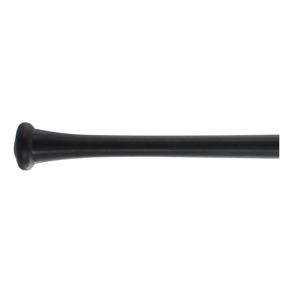 Side view of a black baseball bat with a rounded knob and tapered barrel.