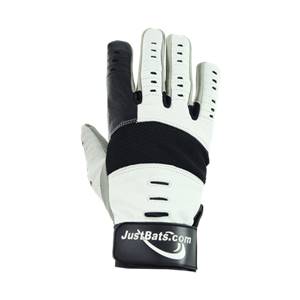 Top-down view of a black and white batting glove with mesh palm and JustBats.com logo.