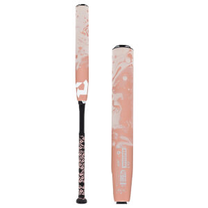 Side view of a peach and white marbled fastpitch softball bat with a black leopard print grip and Whisper text.