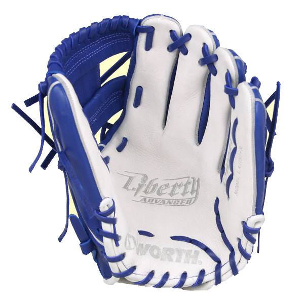 Front view of a royal blue and white baseball glove with Liberty Advanced and Worth logos.