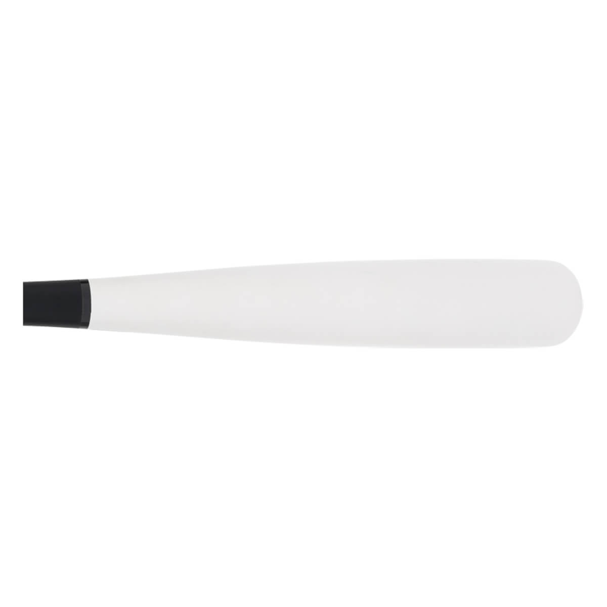 Side view of a white baseball bat with a black handle and smooth finish.