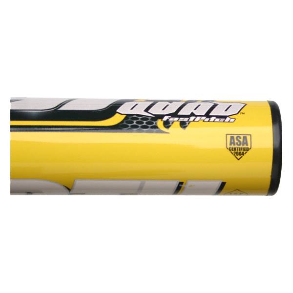 Side view of a yellow fastpitch softball bat with QUAD branding and ASA certified 2004 logo.