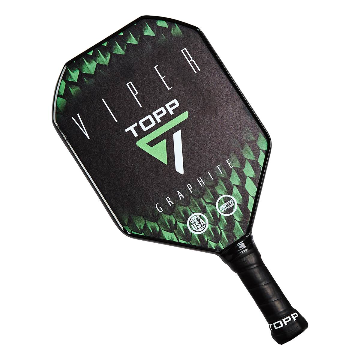 Top-down view of a black pickleball paddle with green scale pattern, VIPER text, and USA APPROVED seal.
