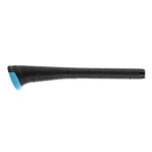 Side view of a black baseball bat with a textured grip and blue end cap.