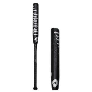Side view of a black DeMarini Juggernaut slow pitch softball bat with silver lettering and a white a logo.