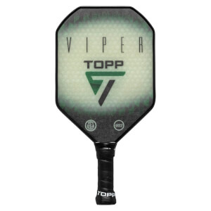 Front view of a black pickleball paddle with VIPER and TOPP logos, a green triangle, and USA and USAPA stamps.