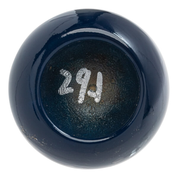 Top-down view of a blue baseball bat with 291 stamped on the end.
