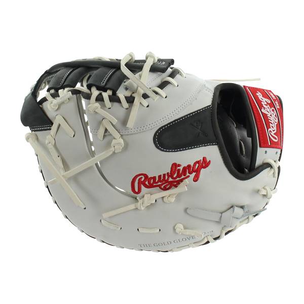 Front view of a white Rawlings first base mitt with red embroidered logo and white lacing.