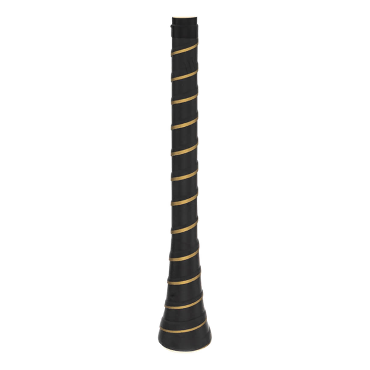 Close-up of a black baseball bat grip with gold spiral accents.