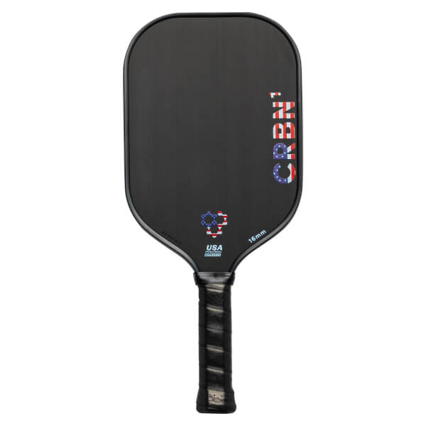 Front view of a black pickleball paddle with CRBN1 branding, USA logo, and 16mm text.