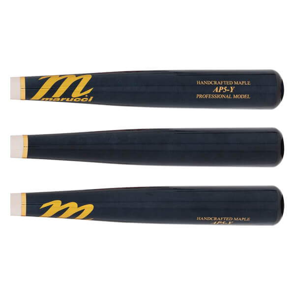 Side view of three navy baseball bats with gold Marucci logos and text.
