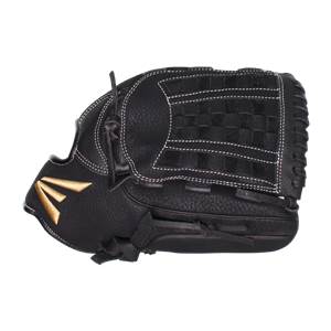 Side view of a black Easton Prime slow pitch softball glove with gold Easton logo and woven pocket.