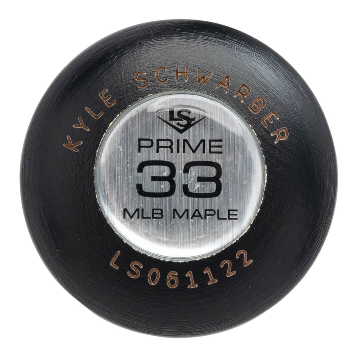 Top-down view of a black baseball bat end with a silver LS PRIME 33 MLB MAPLE insert and gold embossed KYLE SCHWARBER.