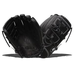 Front view of a black baseball glove with white stitching and Marucci branding.