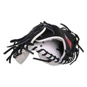 Side view of a black and white catchers mitt with red accents and black lacing.