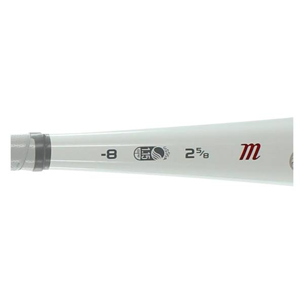Side view of a white baseball bat with red m logo, -8 and 2 5/8 markings.