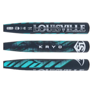 Side views of the bat barrel from three angles featuring navy blue and teal geometric graphics with the words "LOUISVILLE" and "KRYO" prominently displayed.