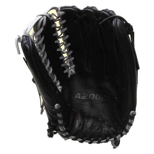 Front view of a black baseball glove with white lacing and A2000 Wilson branding.