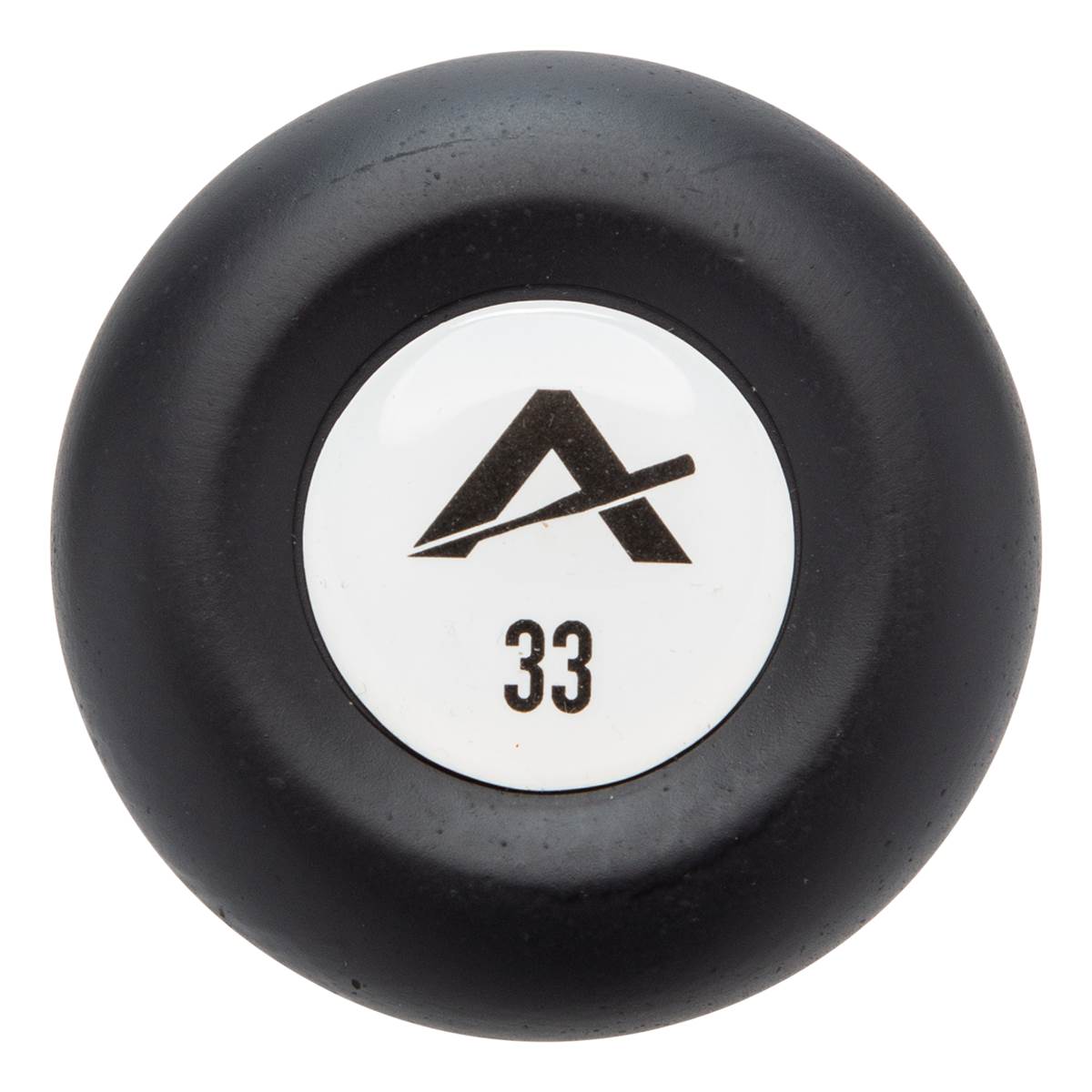 Top-down view of a black baseball bat end cap with a white circle logo featuring a black A and the number 33.