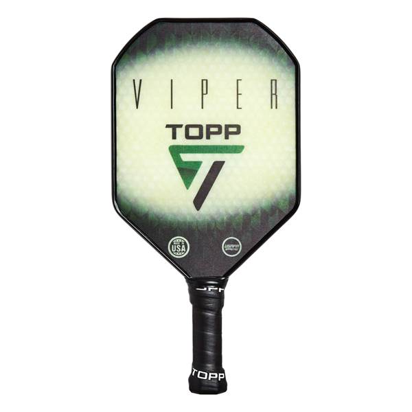 Front view of a white and black pickleball paddle with VIPER and TOPP text, a green triangle logo, and USA and USAPlay seals.