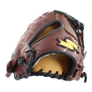 Side view of a brown baseball glove with black lacing and yellow accents.