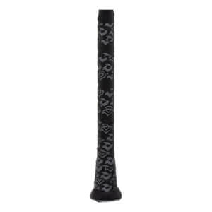 Close-up of a black baseball bat grip with a repeating gray logo pattern.
