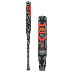 Side view and barrel close-up of a grey geometric camo bat featuring bright orange "EASTON" and "MAV1" text.