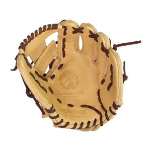 Top-down view of a tan baseball glove with dark brown lacing and embossed American Made and Nokona logos.