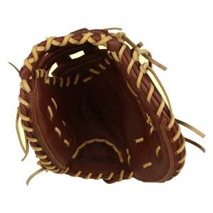 Top-down view of a brown baseball catchers mitt with tan lacing and a WORTH logo.