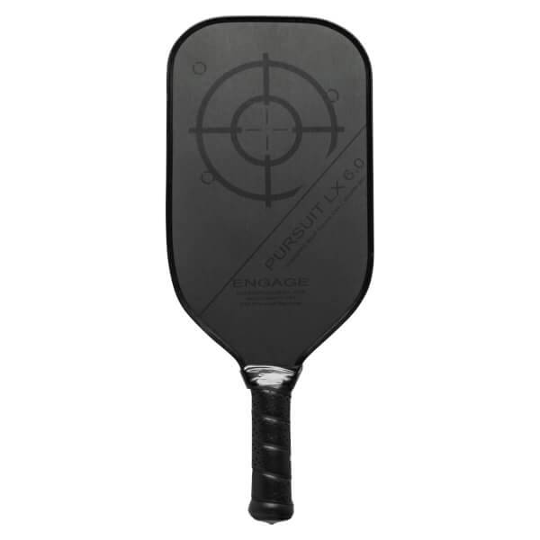 Front view of a black pickleball paddle with a target design, PURSUIT LX 6.0, and ENGAGE text.