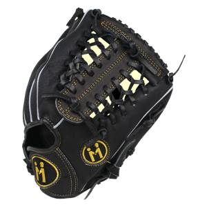 Top-down view of a black baseball glove with yellow stitching and two gold M logos.