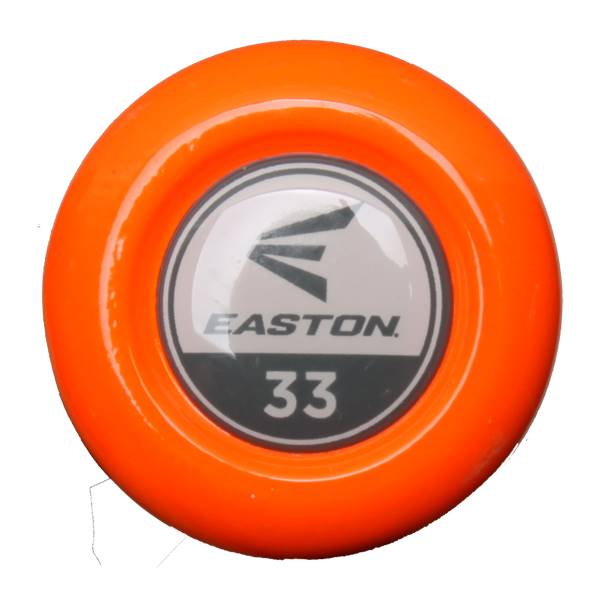 Top-down view of an orange baseball bat with an Easton logo and the number 33.