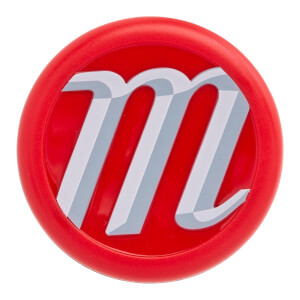 End cap view of a red Marucci bat with a silver and white m logo.