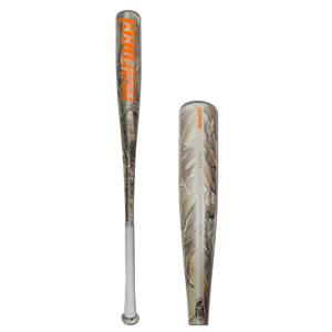 Front view of a camouflage baseball bat with orange Marucci branding and a white grip.