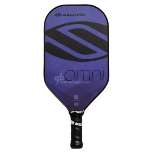 Front view of a purple pickleball paddle with a large black S graphic, OMNI text, and a black grip.