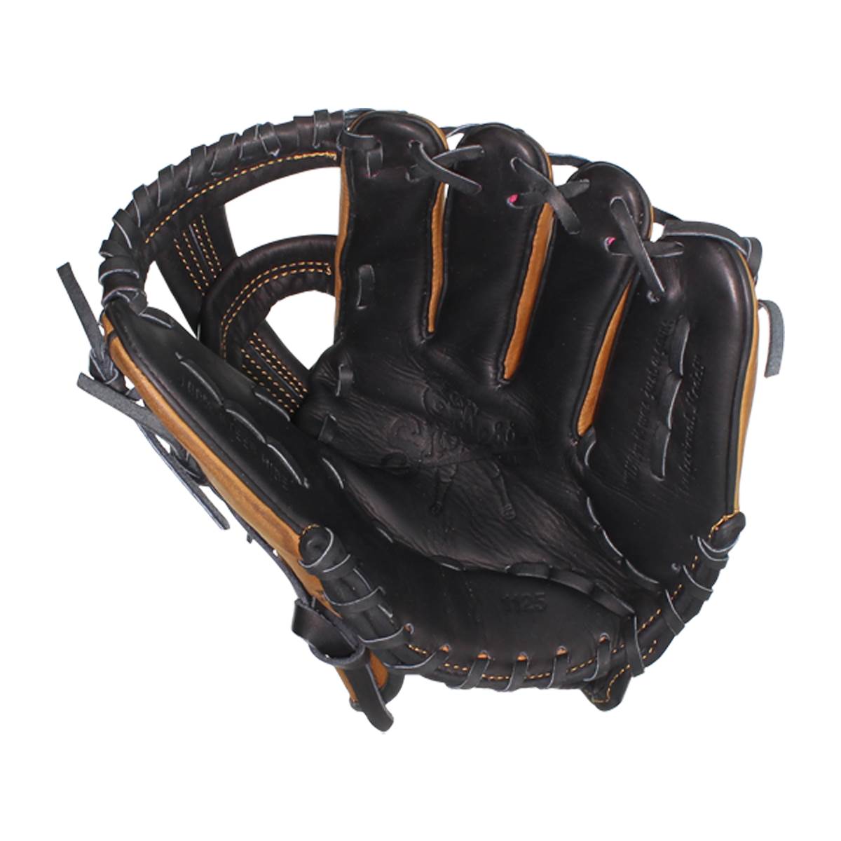 Top-down view of a black baseball glove with tan lacing and a deep pocket.