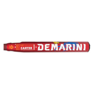 Side view of a red DeMarini softball bat with large white DEMARINI text, blue accents, and CARTER signature.