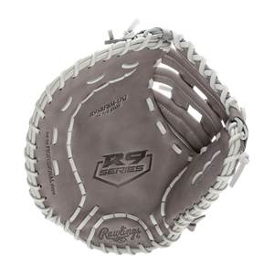 Top-down view of a gray Rawlings R9 Series first base mitt with white stitching and R9 Series logo.