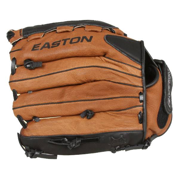 Front view of a brown baseball glove with black Easton branding and lacing.